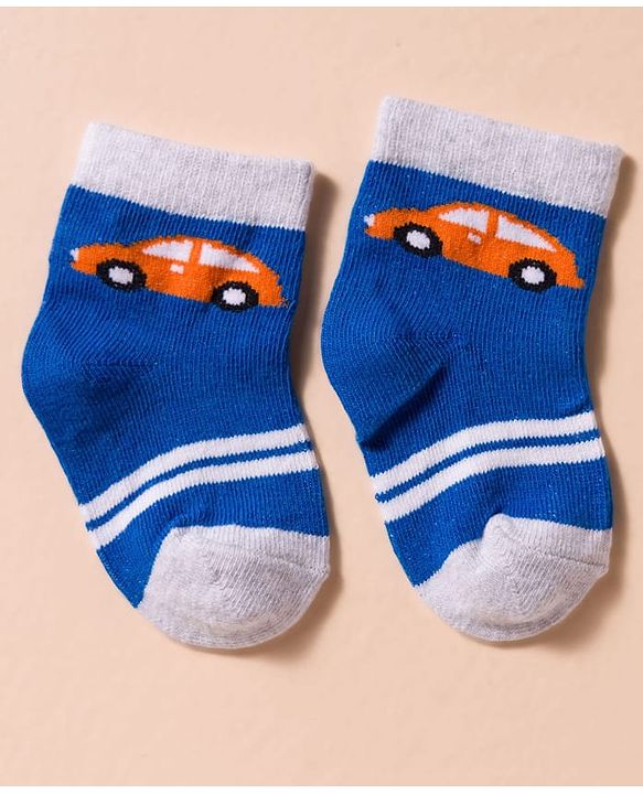 Cute Walk by Babyhug Non Terry Cotton Knit Anti Bacterial Ankle Length Socks With Stripes & Vehicles Design Pack of 3 - Multicolour