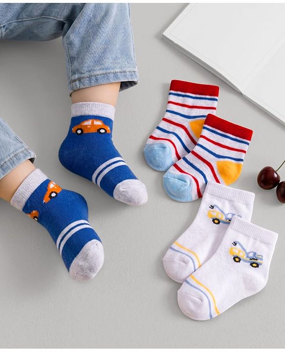 Cute Walk by Babyhug Non Terry Cotton Knit Anti Bacterial Ankle Length Socks With Stripes & Vehicles Design Pack of 3 - Multicolour