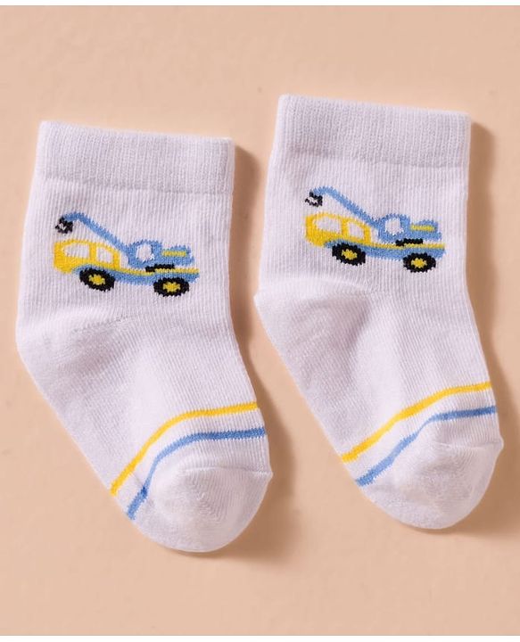 Cute Walk by Babyhug Non Terry Cotton Knit Anti Bacterial Ankle Length Socks With Stripes & Vehicles Design Pack of 3 - Multicolour