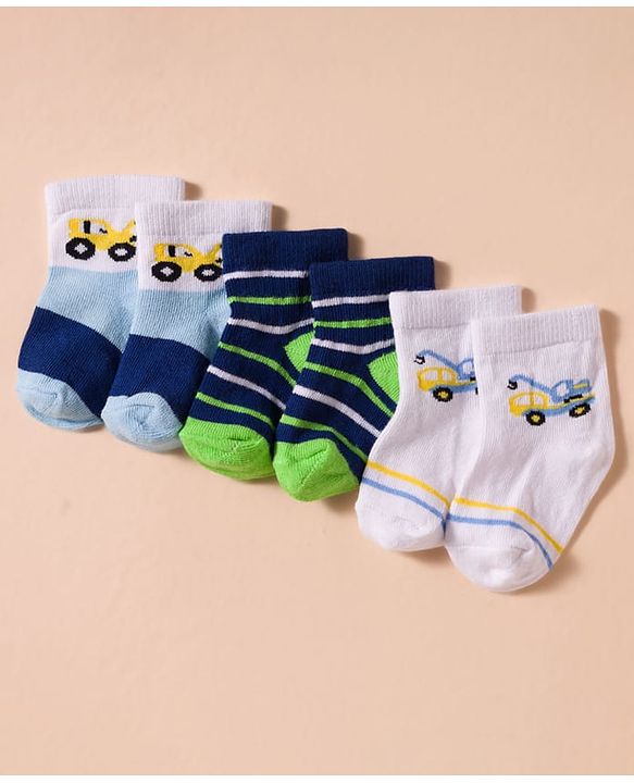 Cute Walk by Babyhug Non Terry Cotton Knit Anti Bacterial Ankle Length Socks With Stripes & Vehicles Design Pack of 3 - Multicolour