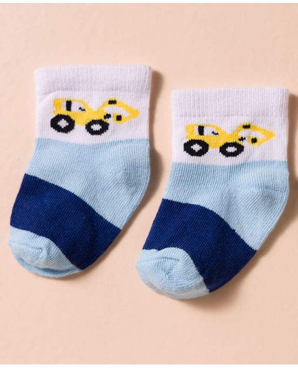 Cute Walk by Babyhug Non Terry Cotton Knit Anti Bacterial Ankle Length Socks With Stripes & Vehicles Design Pack of 3 - Multicolour