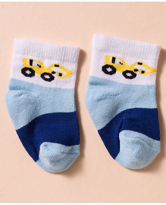 Cute Walk by Babyhug Non Terry Cotton Knit Anti Bacterial Ankle Length Socks With Stripes & Vehicles Design Pack of 3 - Multicolour