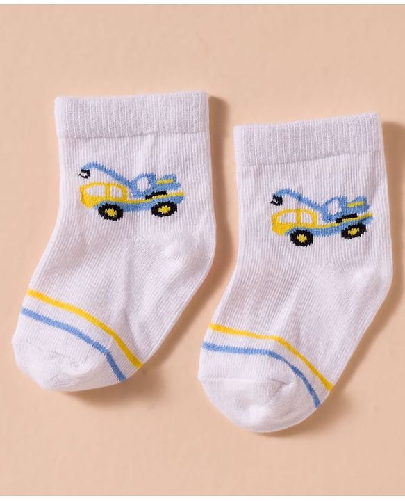 Cute Walk by Babyhug Non Terry Cotton Knit Anti Bacterial Ankle Length Socks With Stripes & Vehicles Design Pack of 3 - Multicolour