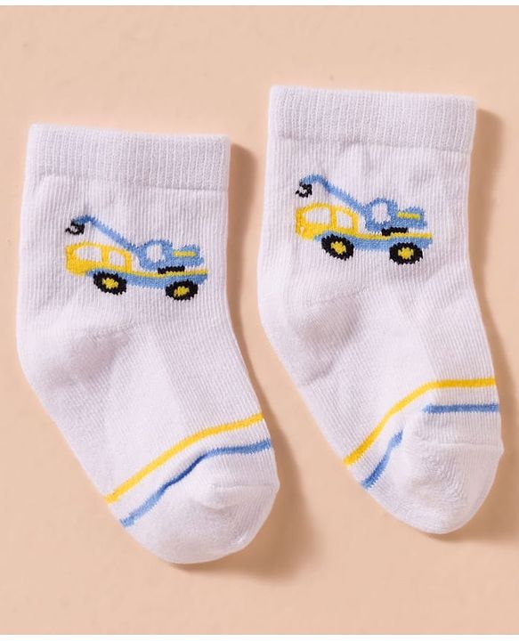 Cute Walk by Babyhug Non Terry Cotton Knit Anti Bacterial Ankle Length Socks With Stripes & Vehicles Design Pack of 3 - Multicolour