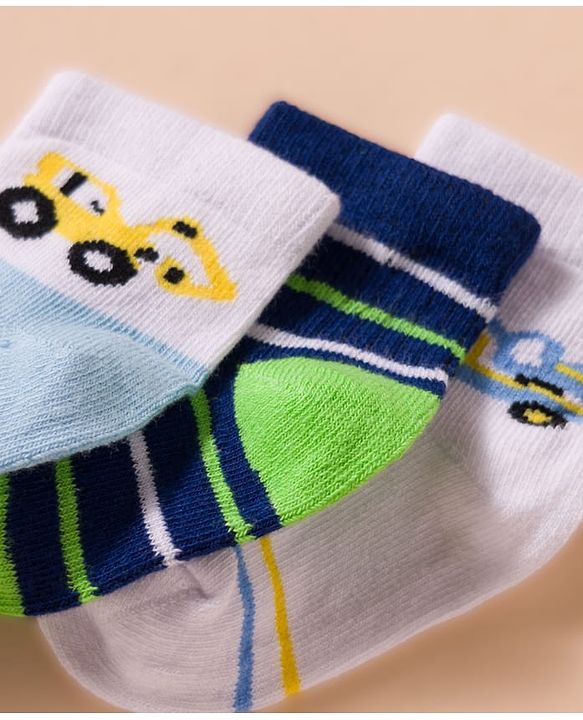 Cute Walk by Babyhug Non Terry Cotton Knit Anti Bacterial Ankle Length Socks With Stripes & Vehicles Design Pack of 3 - Multicolour