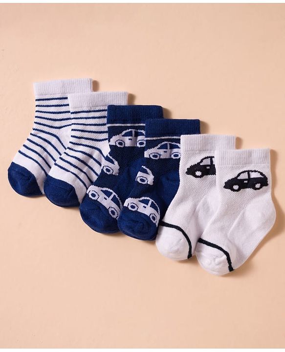 Cute Walk by Babyhug Non Terry Knit Antibacterial Ankle Length Socks With Vehicle Design Pack of 3 - White & Navy Blue