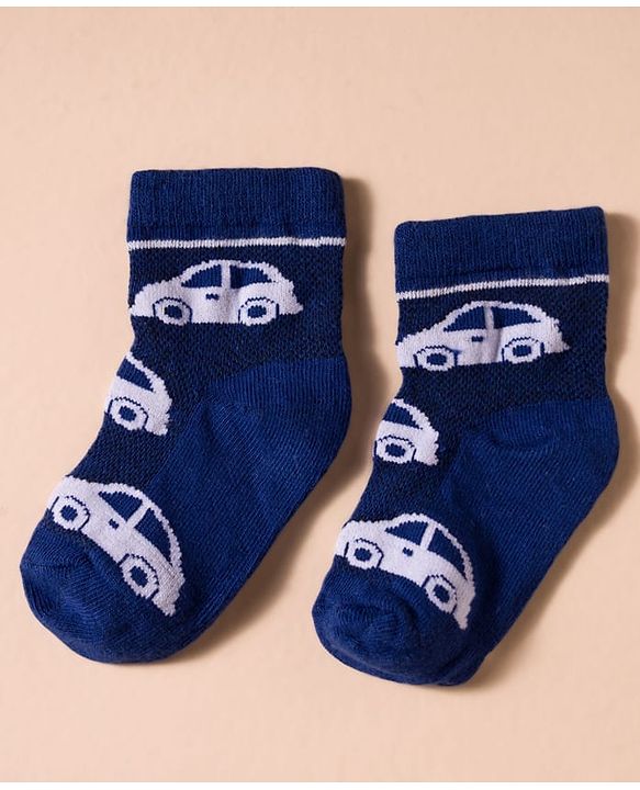 Cute Walk by Babyhug Non Terry Knit Antibacterial Ankle Length Socks With Vehicle Design Pack of 3 - White & Navy Blue