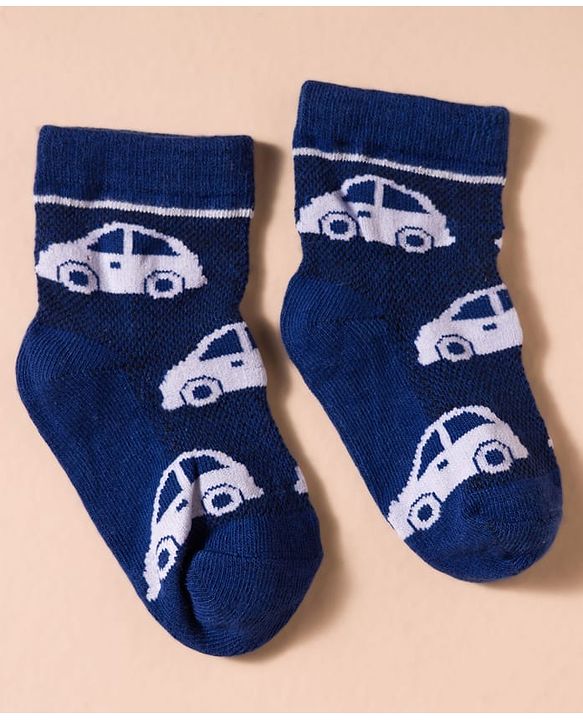 Cute Walk by Babyhug Non Terry Knit Antibacterial Ankle Length Socks With Vehicle Design Pack of 3 - White & Navy Blue