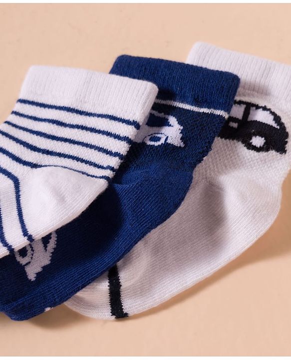 Cute Walk by Babyhug Non Terry Knit Antibacterial Ankle Length Socks With Vehicle Design Pack of 3 - White & Navy Blue