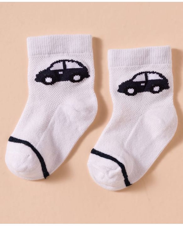 Cute Walk by Babyhug Non Terry Knit Antibacterial Ankle Length Socks With Vehicle Design Pack of 3 - White & Navy Blue