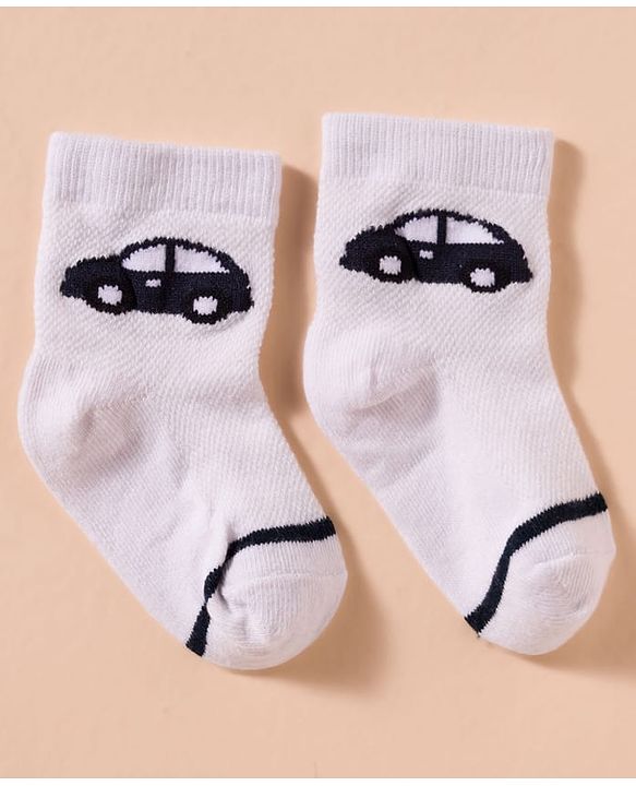 Cute Walk by Babyhug Non Terry Knit Antibacterial Ankle Length Socks With Vehicle Design Pack of 3 - White & Navy Blue