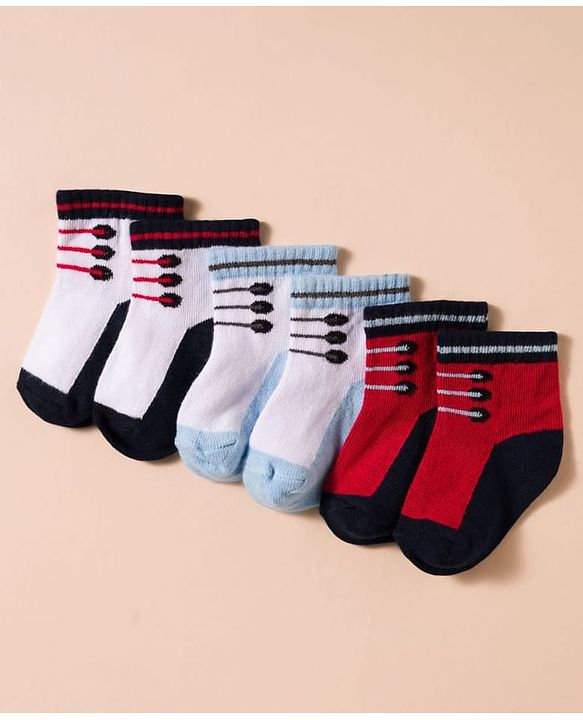 Cute Walk by Babyhug Non Terry Knit Antibacterial Ankle Length Socks With Design Pack of 3 - Red Light Blue & White