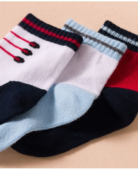 Cute Walk by Babyhug Non Terry Knit Antibacterial Ankle Length Socks With Design Pack of 3 - Red Light Blue & White