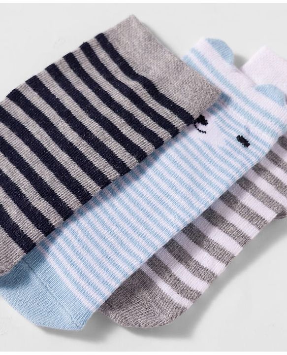 Cute Walk by Babyhug Non Terry Cotton Knit Anti Bacterial Ankle Length Anti Skid Socks With Stripes & Animal Design Pack of 3 - Multicolour