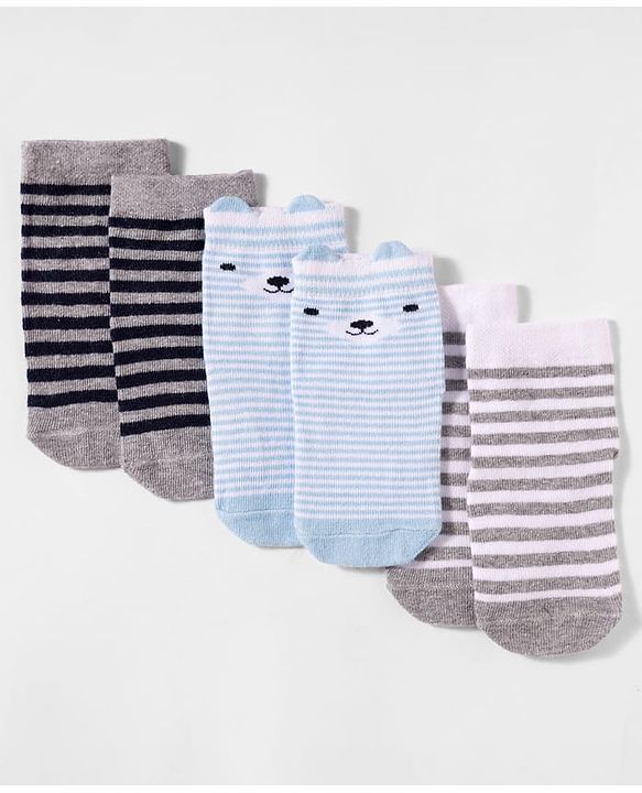 Cute Walk by Babyhug Non Terry Cotton Knit Anti Bacterial Ankle Length Anti Skid Socks With Stripes & Animal Design Pack of 3 - Multicolour