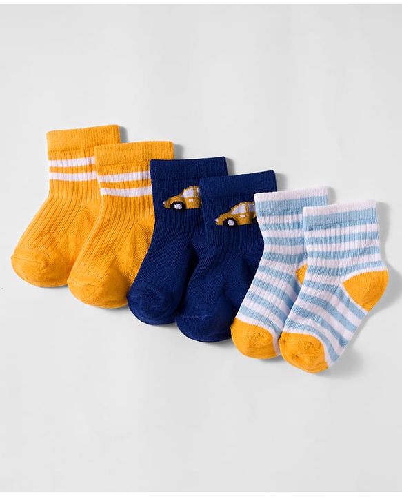 Cute Walk by Babyhug Non Terry Knit Antibacterial Ankle Length Socks With Design Pack of 3 - Mustard Navy Blue & Light Blue