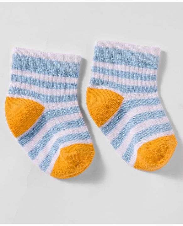 Cute Walk by Babyhug Non Terry Knit Antibacterial Ankle Length Socks With Design Pack of 3 - Mustard Navy Blue & Light Blue