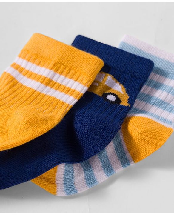 Cute Walk by Babyhug Non Terry Knit Antibacterial Ankle Length Socks With Design Pack of 3 - Mustard Navy Blue & Light Blue