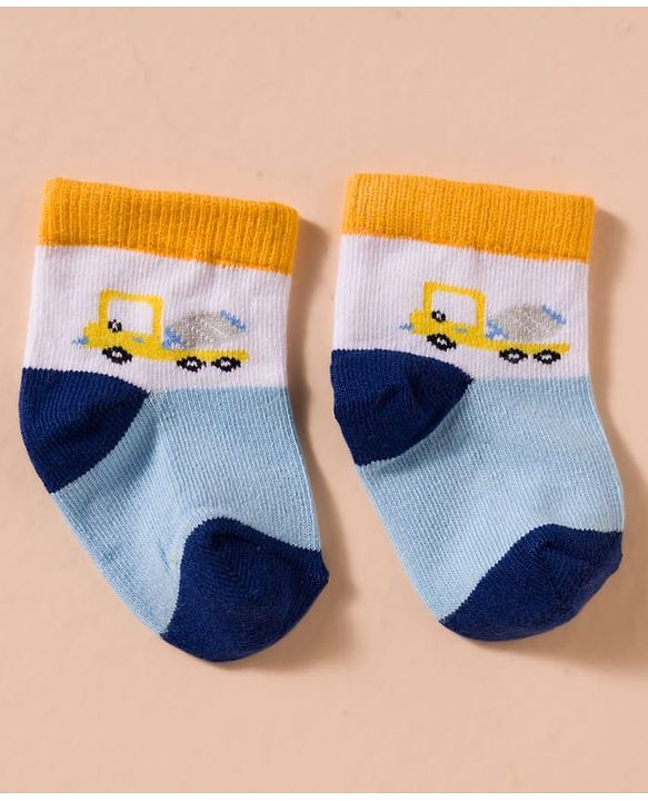 Cute Walk by Babyhug Non Terry Cotton Knit Anti Bacterial Ankle Length Socks With Stripes & Construction Vehicles Design Pack of 3 - Multicolour