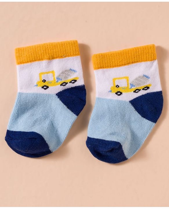 Cute Walk by Babyhug Non Terry Cotton Knit Anti Bacterial Ankle Length Socks With Stripes & Construction Vehicles Design Pack of 3 - Multicolour