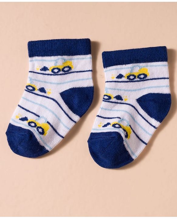 Cute Walk by Babyhug Non Terry Cotton Knit Anti Bacterial Ankle Length Socks With Stripes & Construction Vehicles Design Pack of 3 - Multicolour