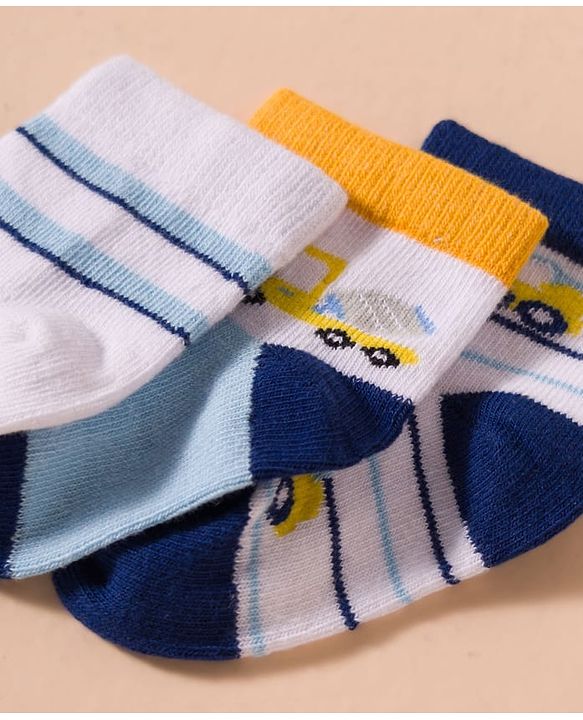 Cute Walk by Babyhug Non Terry Cotton Knit Anti Bacterial Ankle Length Socks With Stripes & Construction Vehicles Design Pack of 3 - Multicolour