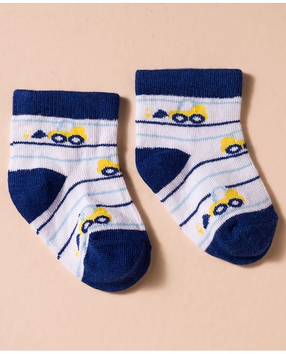 Cute Walk by Babyhug Non Terry Cotton Knit Anti Bacterial Ankle Length Socks With Stripes & Construction Vehicles Design Pack of 3 - Multicolour