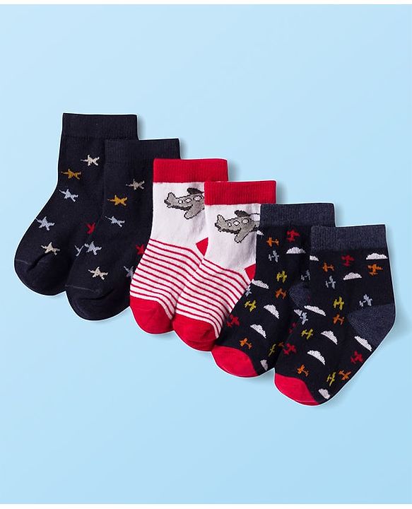 Cute Walk by Babyhug Knit Antibacterial Ankle Length Socks with Design & Stripes Pack of 3 - Multicolor