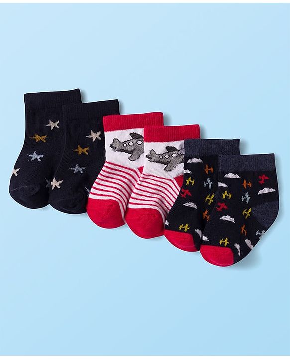 Cute Walk by Babyhug Knit Antibacterial Ankle Length Socks with Design & Stripes Pack of 3 - Multicolor