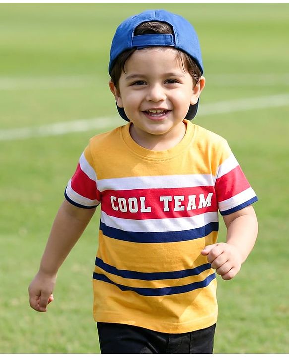 Babyhug Cotton Knit Half Sleeves Striped T-Shirt with Cool Team Print - Multicolor