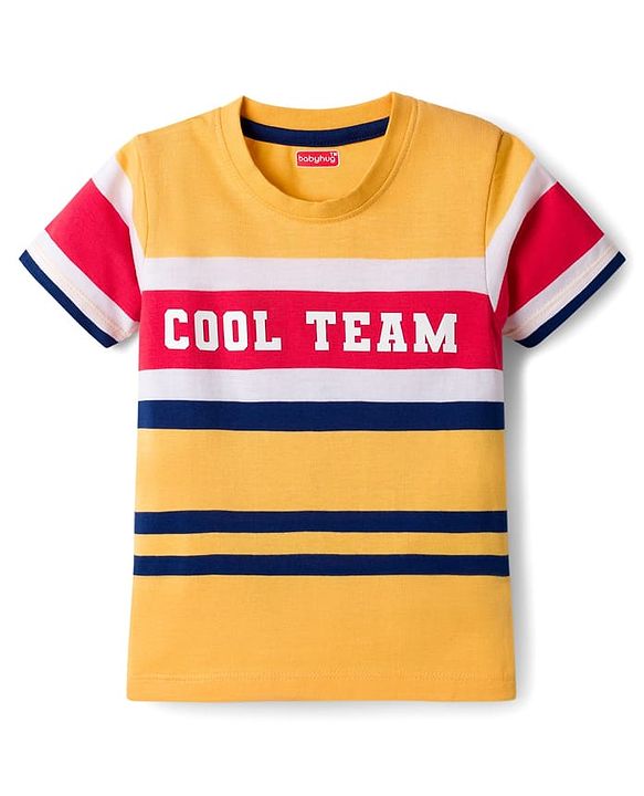 Babyhug Cotton Knit Half Sleeves Striped T-Shirt with Cool Team Print - Multicolor