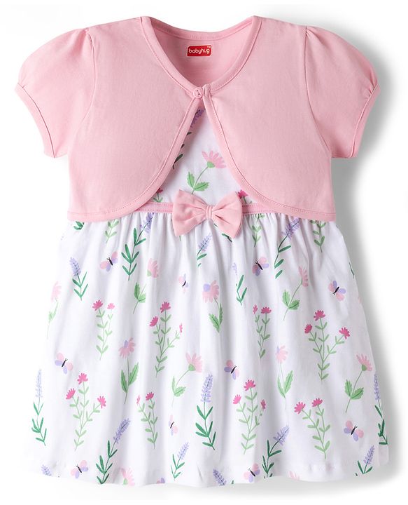 Babyhug Single Jersey Knit Frock & Half Sleeves Shrug With Floral Print & Bow Applique - White