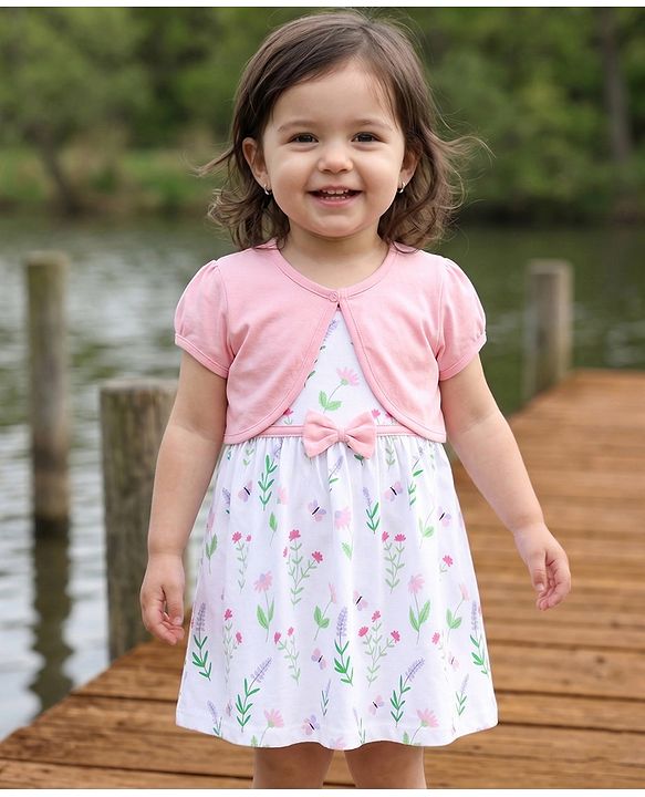 Babyhug Single Jersey Knit Frock & Half Sleeves Shrug With Floral Print & Bow Applique - White