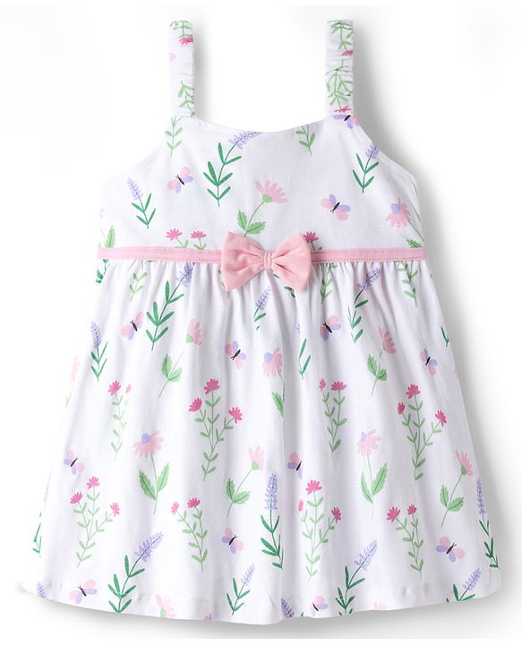 Babyhug Single Jersey Knit Frock & Half Sleeves Shrug With Floral Print & Bow Applique - White