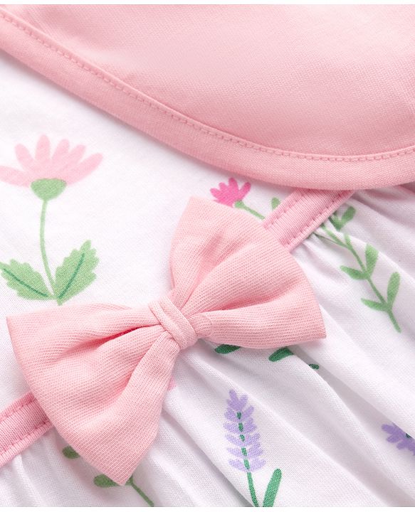 Babyhug Single Jersey Knit Frock & Half Sleeves Shrug With Floral Print & Bow Applique - White