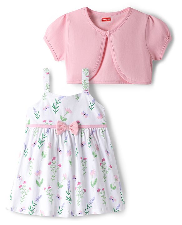 Babyhug Single Jersey Knit Frock & Half Sleeves Shrug With Floral Print & Bow Applique - White