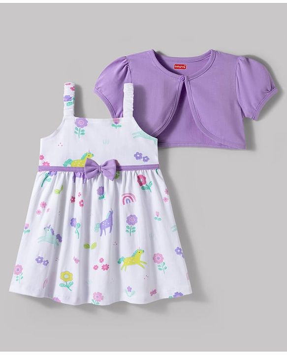 Babyhug Single Jersey Knit Half Puffed Sleeves Shrug with Unicorn Printed Frock & Bow Applique - White