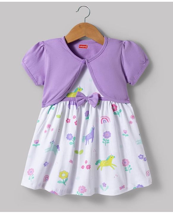 Babyhug Single Jersey Knit Half Puffed Sleeves Shrug with Unicorn Printed Frock & Bow Applique - White