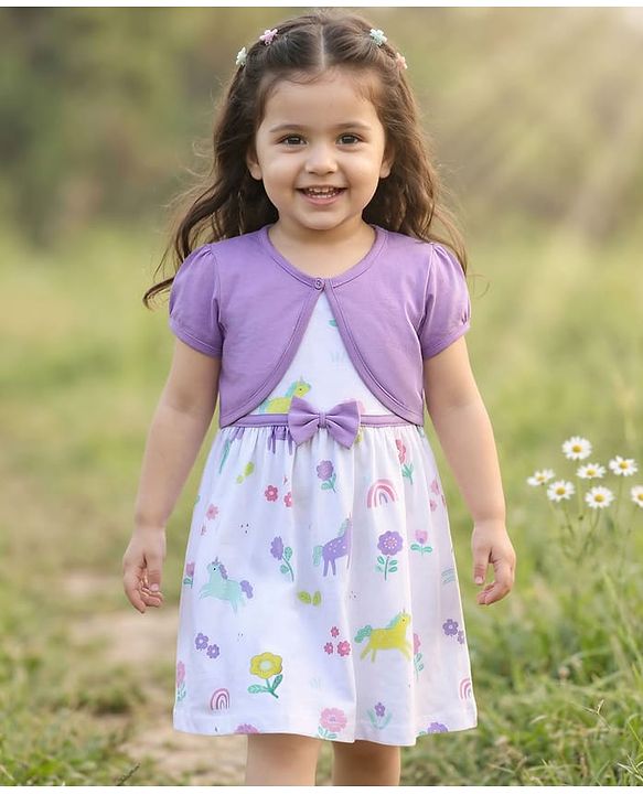 Babyhug Single Jersey Knit Half Puffed Sleeves Shrug with Unicorn Printed Frock & Bow Applique - White