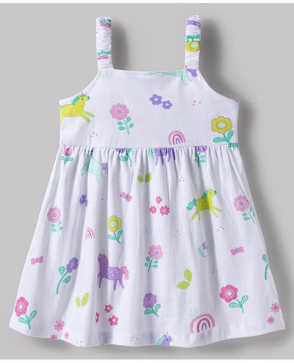 Babyhug Single Jersey Knit Half Puffed Sleeves Shrug with Unicorn Printed Frock & Bow Applique - White