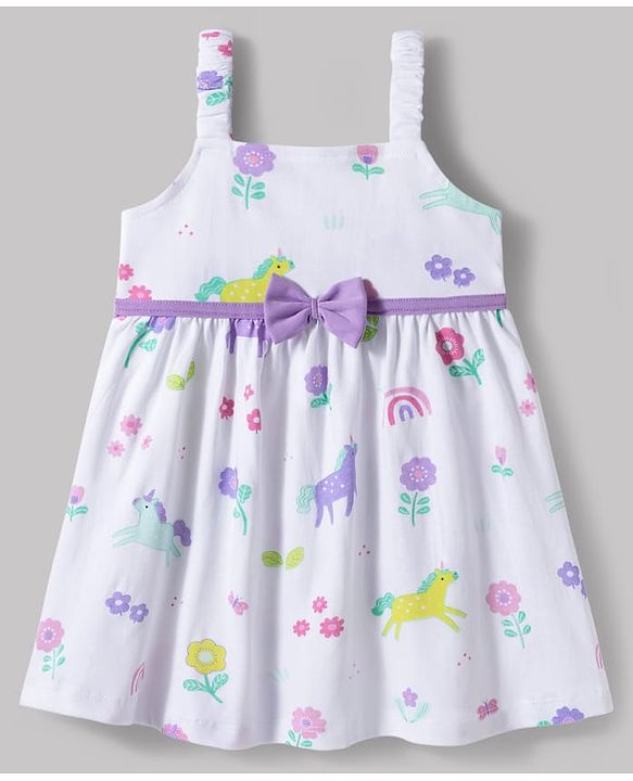 Babyhug Single Jersey Knit Half Puffed Sleeves Shrug with Unicorn Printed Frock & Bow Applique - White