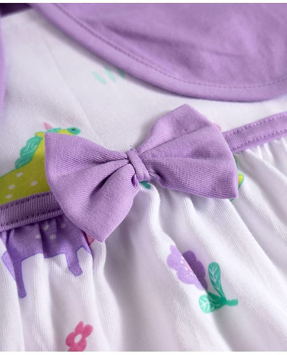 Babyhug Single Jersey Knit Half Puffed Sleeves Shrug with Unicorn Printed Frock & Bow Applique - White
