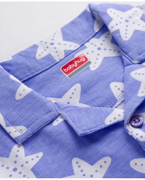 Babyhug Cotton Knit Full Length Star Printed Co-Ord Shirt & Pyjama Night Suit - Blue