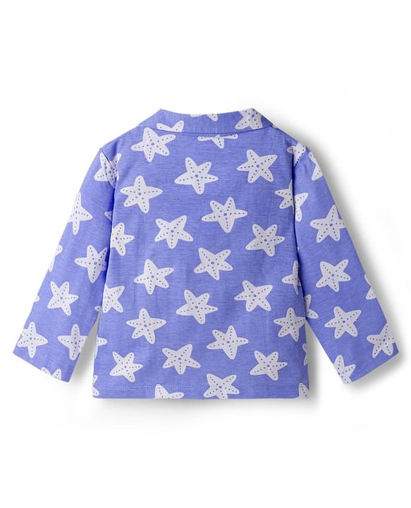 Babyhug Cotton Knit Full Length Star Printed Co-Ord Shirt & Pyjama Night Suit - Blue