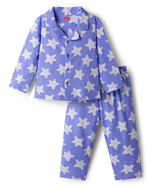 Babyhug Cotton Knit Full Length Star Printed Co-Ord Shirt & Pyjama Night Suit - Blue