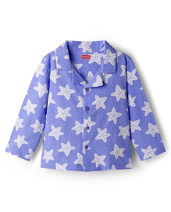 Babyhug Cotton Knit Full Length Star Printed Co-Ord Shirt & Pyjama Night Suit - Blue