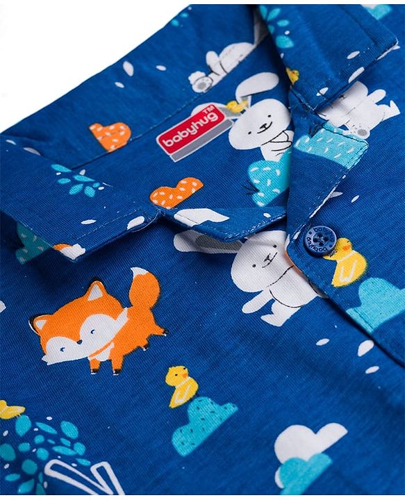 Babyhug Cotton Knit Full Sleeves Shirt & Pyjama Co-ord Night Suit with Animal Print - Navy Blue