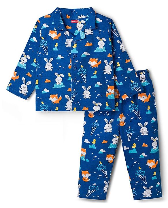 Babyhug Cotton Knit Full Sleeves Shirt & Pyjama Co-ord Night Suit with Animal Print - Navy Blue