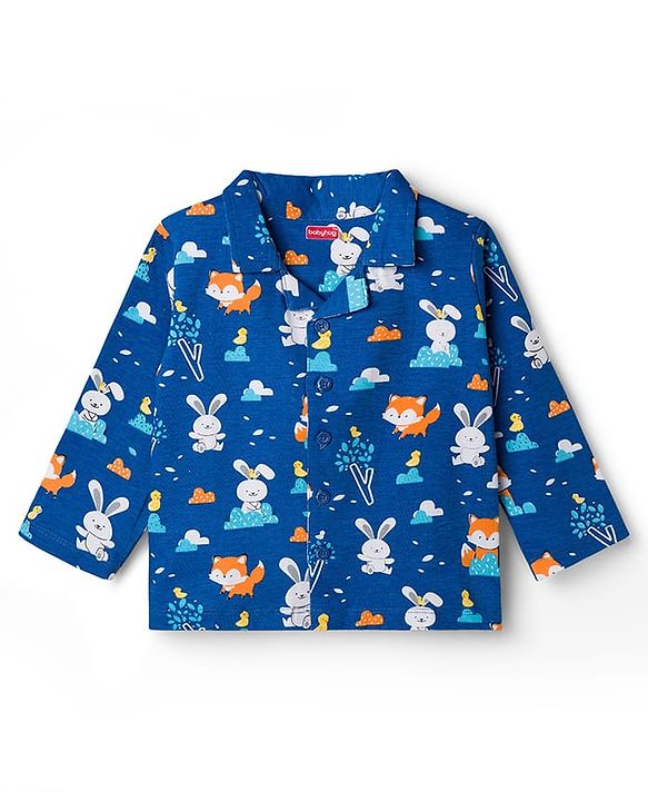 Babyhug Cotton Knit Full Sleeves Shirt & Pyjama Co-ord Night Suit with Animal Print - Navy Blue