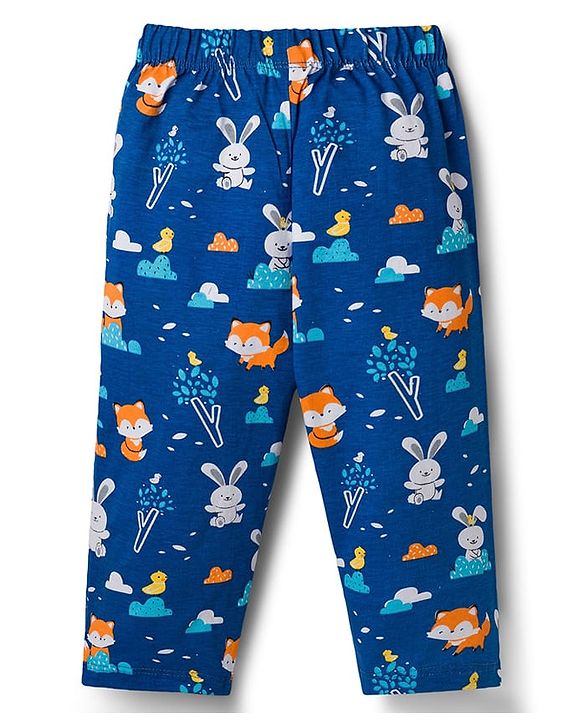 Babyhug Cotton Knit Full Sleeves Shirt & Pyjama Co-ord Night Suit with Animal Print - Navy Blue